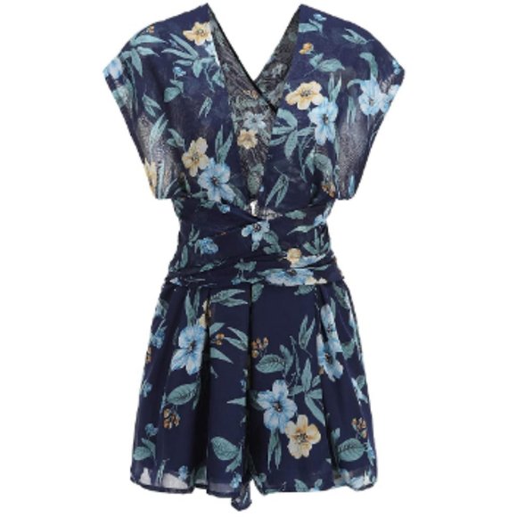 Pants - Women Chiffon Deep VNeck Floral BackCross Playsuit